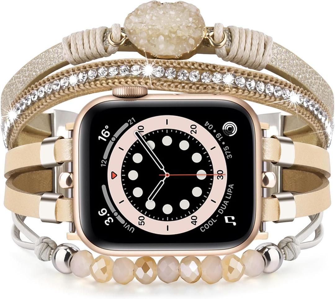 VISOOM Beaded Boho Bracelet Compatible for Apple Watch Band 38/40/41/42mm Series 10 11 Women Leather Fashion Cute Handmade Multilayer Wrap Watch Strap for iWatch Bands (Gold) (5.4~7.2")