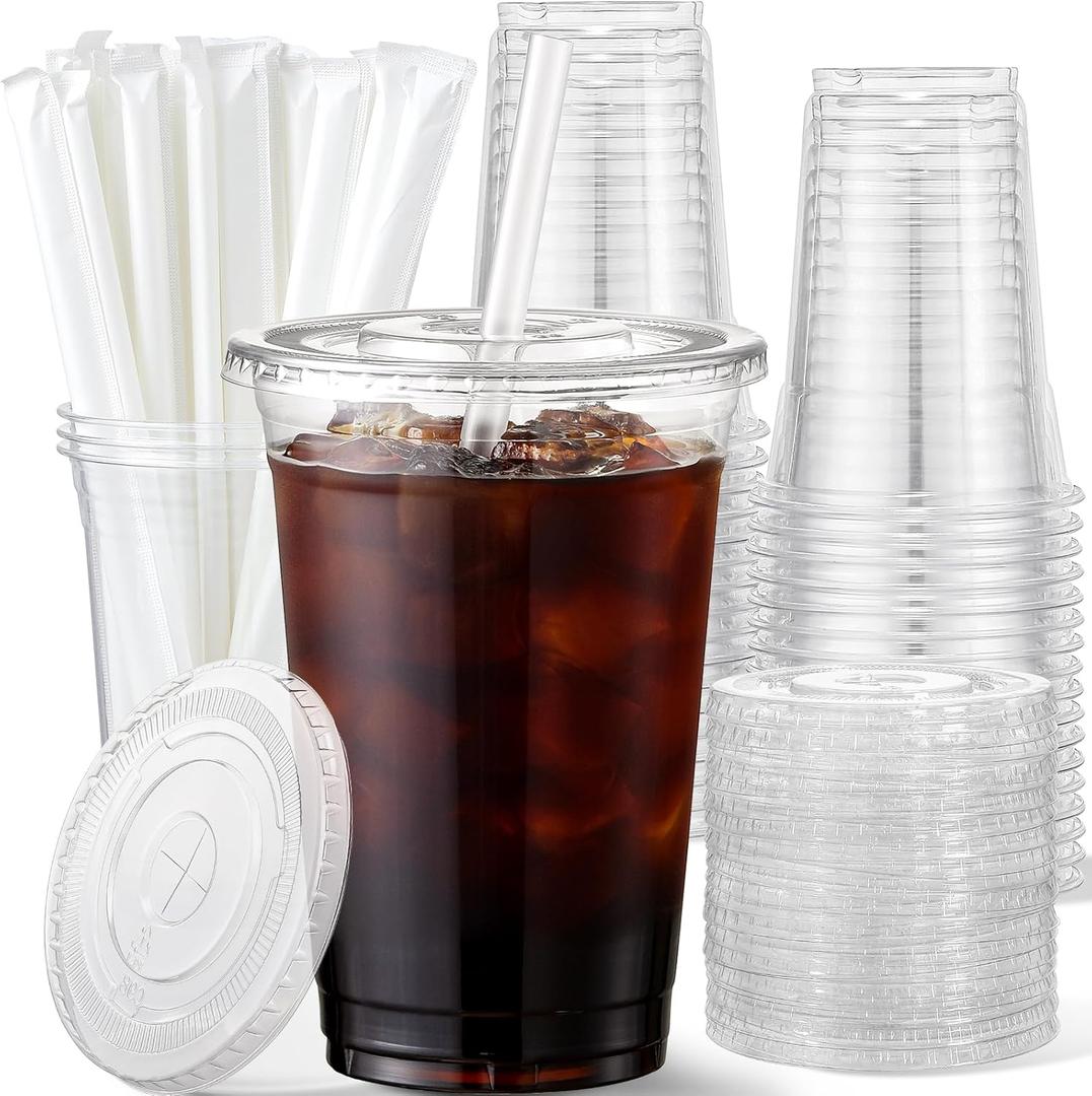 AOZITA 16 oz Plastic Cups with Lids and Straws, 50 Pack, Disposable Iced Coffee Cups with Lids, Clear Cups with Lids for Cold Drinks, Iced Tea, Milkshakes, Smoothies - Durable & BPA Free