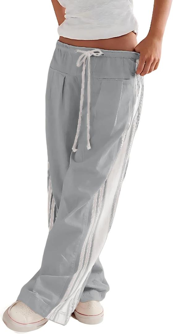 Hongsui Women's Wide Leg Pants Drawstring High Rise Side Striped Slouchy Palazzo Pants with Pockets (Gray, S)
