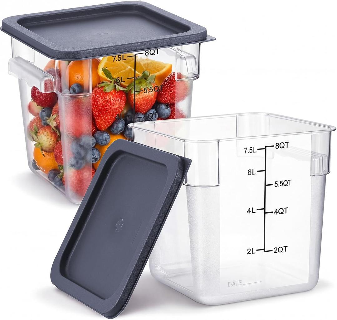 Suclain 2 Pcs Square Food Storage Container Polycarbonate Clear Food Container with Gray Lid Commercial Rice Storage with Gray Graduations for Commercial Kitchen(8 Qt)