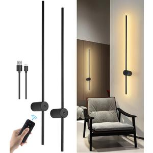 Battery Operated Wall Sconces Set of Two, USB Rechargeable Wall Lights with Remote Control, Dimmable LED Wall Lamp Indoor, 360degree Rotation Wireless Lights for Living Room Bedroom Hallway, Black, 39 inch