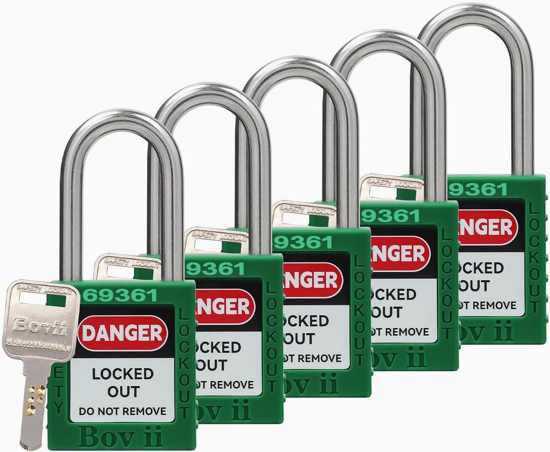 Lockout Tagout Locks Set, 5 Green Lockout Tagout Safety Padlocks Keyed Alike, 1 Key Per Lock