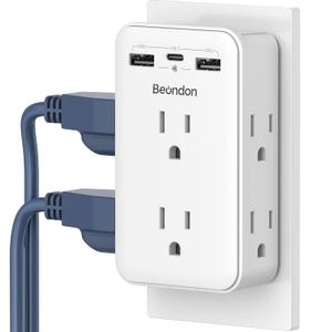 2 to 3 Prong Outlet Adapter, BEONDON Outlet Extender with 3 USB Ports(1 USB-C) and 6 AC Outlets, 3-Sided Power Strip for Non-Grounded Outlets in Old Houses, Hotels (white)