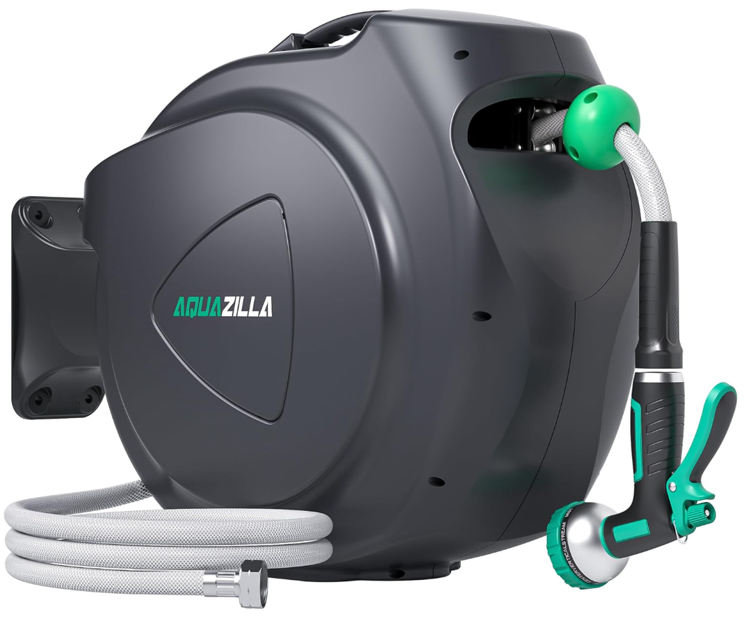 Retractable Garden Hose Reel - 5/8 in x 100 ft Automatic Wall Mount Heavy Duty Automatic Water Hose Reel with 9 Patterns Nozzle, Kink-Resistant Hose, 180° Swivel, Auto-Lock for Outdoor Watering