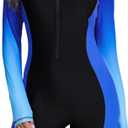 Halcurt Women's Boyleg One Piece Rash Guard with Built in Bra UPF50+ Zip Long Sleeve Full Body Modest Swimsuit (Medium, Ombre Blue/Black)
