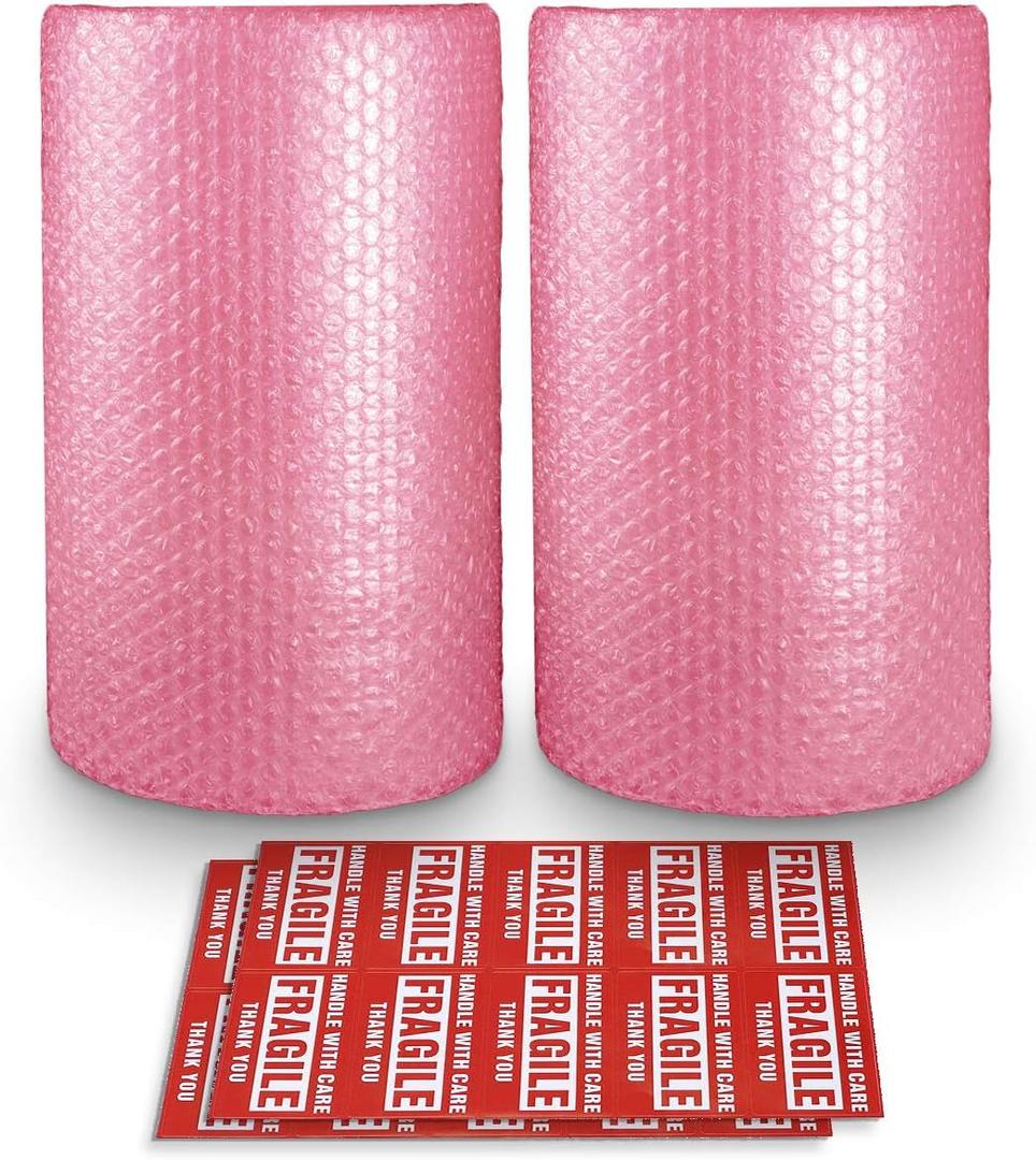 Anti-Static Bubble Cushioning Wrap Roll 2 Pack 3/16" Air Bubble 12 Inch x 72 Feet Total, Perforated Every 12 Inch with 20pcs Fragile Stickers Packing Supplies for Heavy-Duty Moving Shipping (Pink)