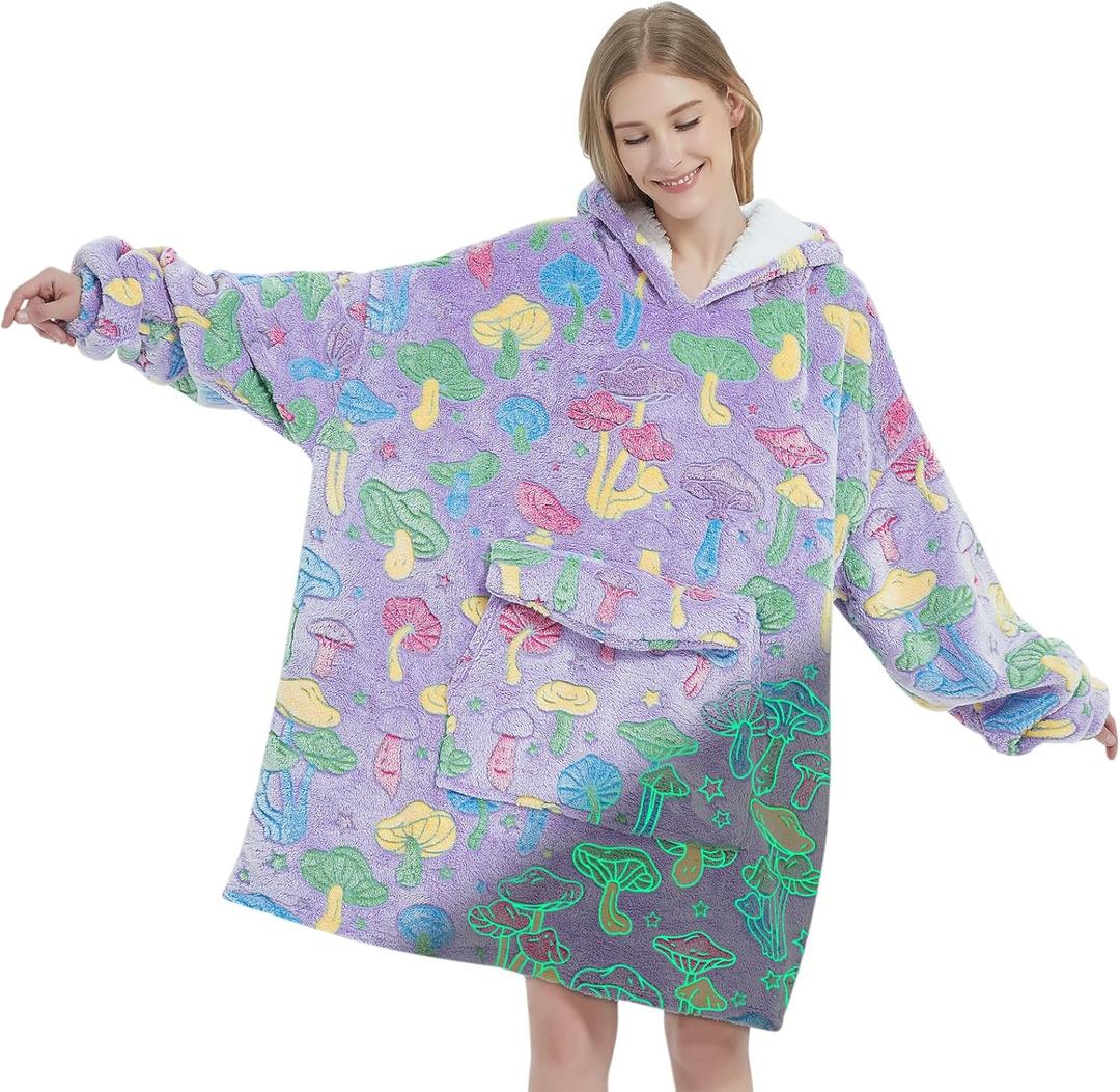 Glow in The Dark Mushroom Wearable Blanket Hoodie for Adult,Oversized Sherpa Fleece Blanket Hoodie for Women Men,Mushroom