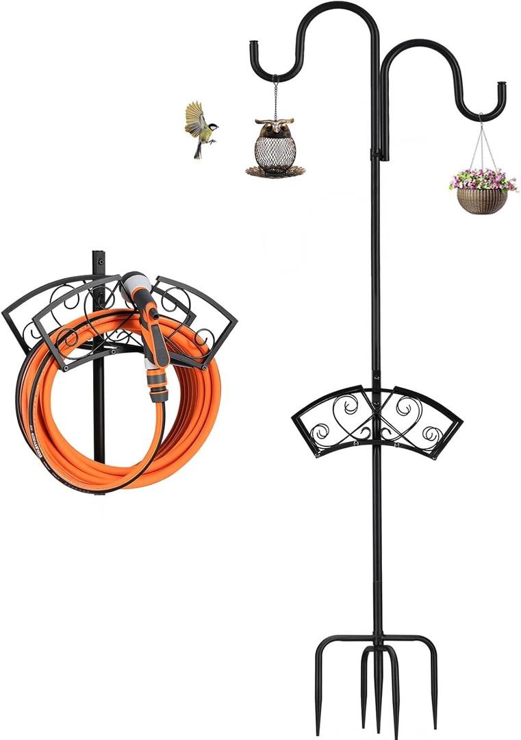 Garden Hose Holder, Upgraded Heavy Duty Water Hose Holder, Freestanding Hose Stand with 2 Shepherds Hooks, Thickened Bird Feeder Pole Detachable Water Pipe Rack Organizer for Outside Yard Lawn