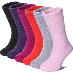 FNOVCO Kids Merino Wool Hiking Socks Toddlers Boys Girls Cozy Thermal Winter Thick Warm Crew Socks 6 Pairs (8-12 Years, Solid Color)