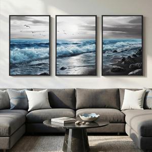 Framed Coastal Wall Art for Living Room, 3 Piece Ocean Beach Canvas Artwork for Walls, Seascape Pictures Print for Dining Room Office Hallway Wall Decor, 24x36 Inch, 24" W x 36" H x 3Pcs