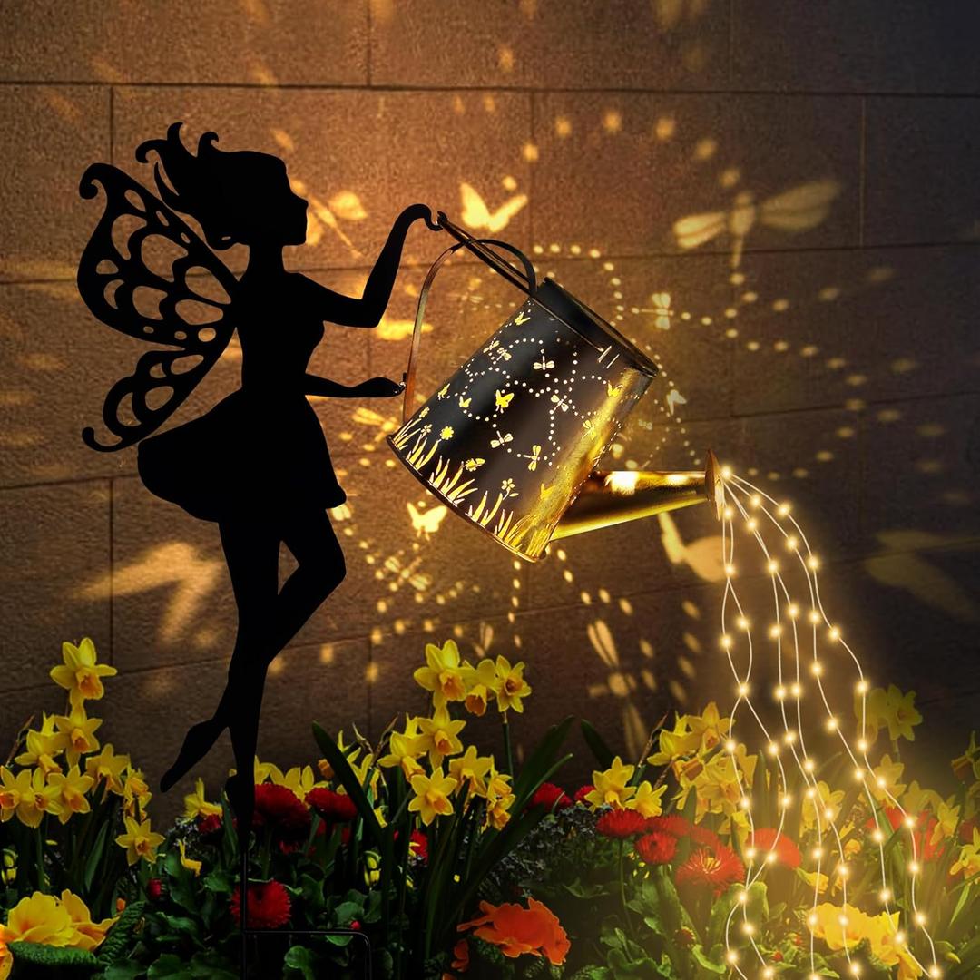 Ouddy Decor Fairy Garden Decor with Solar Watering Can, Metal Statues with Hanging Lanterns Waterfall Lights Silhouette Waterproof for Lawn Pathway Decorations Gardening Gifts for Mother's Day