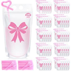 Potchen 100 Sets Galentine's Day Pink Bow Drink Pouches with Straws 16oz Coquette Bowknot Stand-up Drink Bags Pouches for Wedding Birthday Y2k Bachelorette Pink Bow Coquette Party Supplies