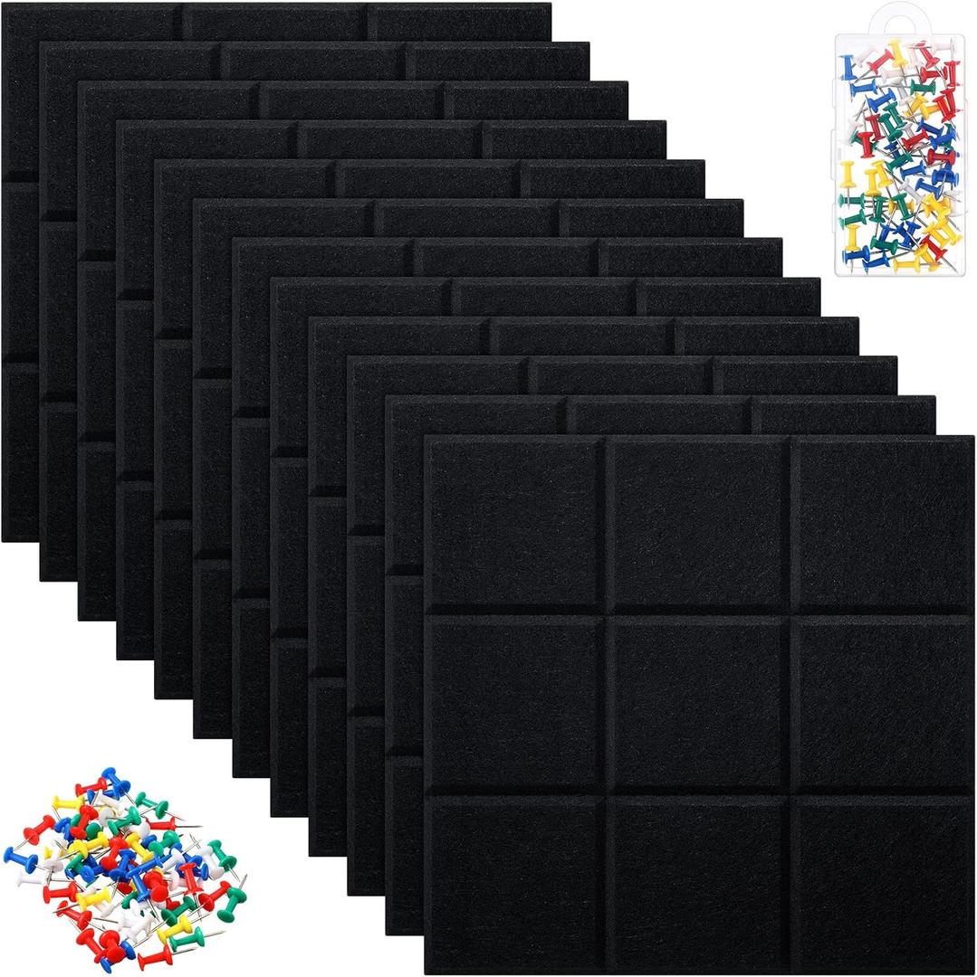 12 Pcs Large 11.8" x 11.8" Felt Bulletin Board for Wall Square Felt Tiles with 60 Push Pins Self Adhesive Cork Board Tack Board for Photos Memos School Home Office Kitchen DIY(Black)