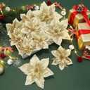 Poinsettia Christmas Flowers Artificial, Glitter Christmas Flower with Clip&Stick for Xmas Tree Decor or Party Wreath Fireplace, 24 Pcs 6"&9" Large Size Boxed Ornaments, Gold