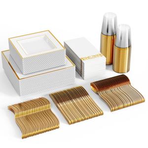 FOCUSLINE 350 Ct Disposable Dinnerware Set for 50 Guests -Heavy Duty Square Plastic Plates with Gold Rim, Includes 50 Dinner & Salad Plates, Cups, Napkins, Cutlery Set