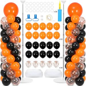 2 Sets Orange and Black Balloon Column Stand Kit with 100 Balloons Adjustable Balloon Tower Stand with Bases for Floor Black Orange Confetti Balloon Column Kit for Valentine Birthday Party Decor