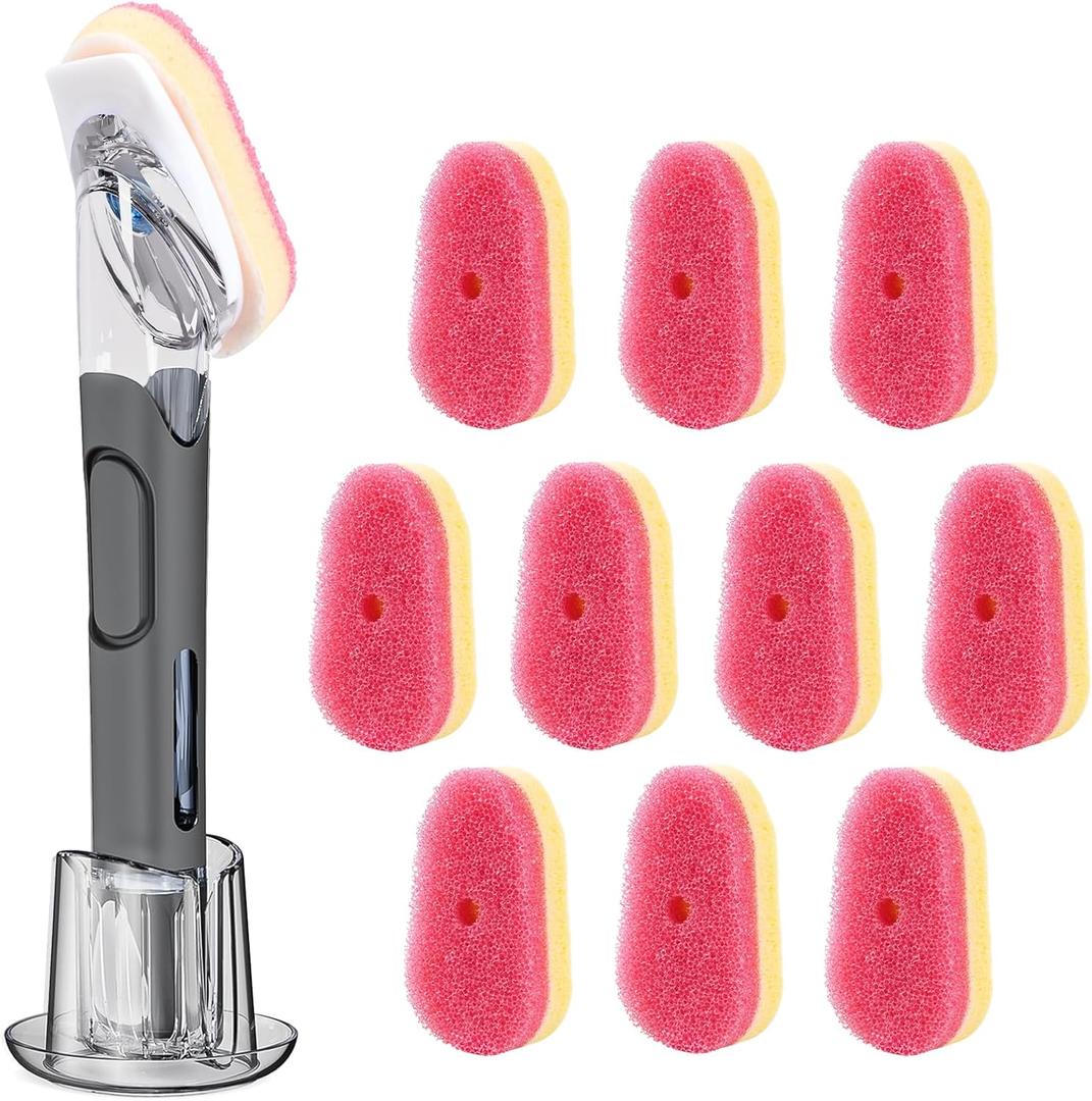 Soap Dispensing Replacement Dish Brush Storage Set with 10 PCS Sponge Refills & Holder - RIMAY Dispenser Scrub Cleaning Scrubber Kitchen Dishwashing Dish Wand Handle for Dishes/Pans/Pots/Sink(Pink)