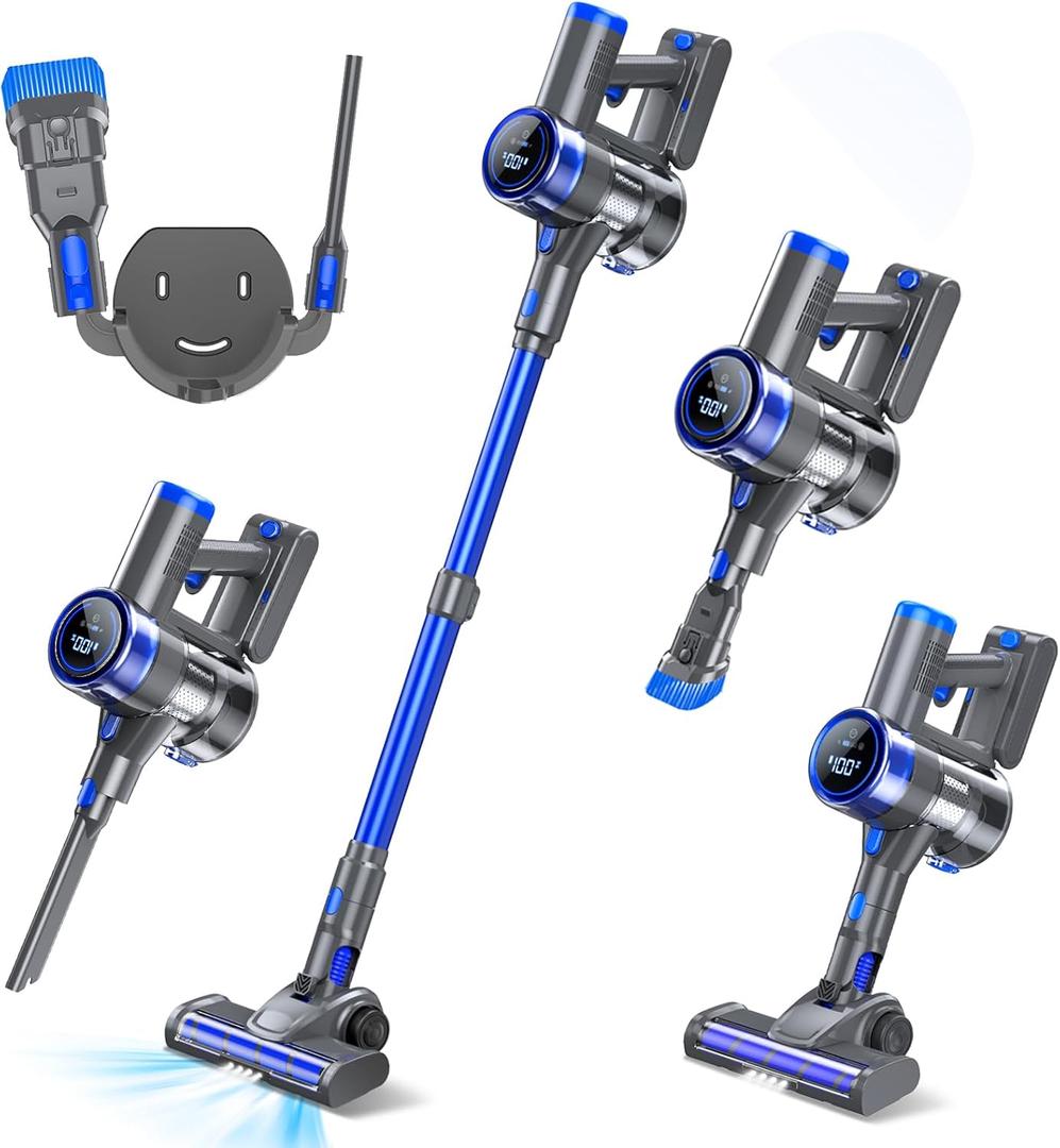 Cordless Vacuum Cleaner, 33Kpa/400W Stick Vacuum Cleaners with 45Min Detachable Battery, 6-in-1 Lightweight Cordless Stick Vacuum Cleaner for Home Hardwood Floor Pet Hair Carpet (Blue)