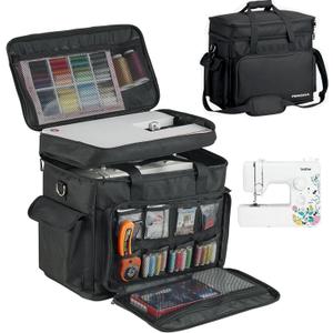 PENGDA 2 Layer Sewing Machine Case with Adjustable Shoulder Strap Sewing Machine Carrying Case Universal Tote Bag for Sewing Machine and Sewing Accessories Storage Black