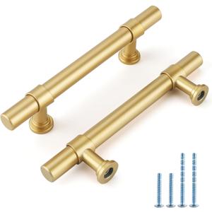 Rergy 5 Pack Brushed Gold Drawer Pulls, 3 Inch Hole Centers Kitchen Cabinet Handles, Stainless Steel & Zinc Hardware for Kitchen,Cupboard,Dresser