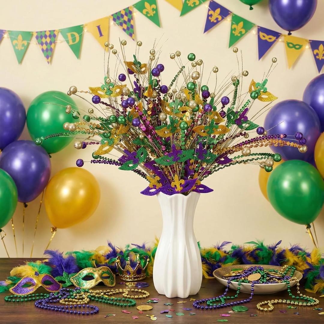 Hotop 12 Pcs Mardi Gras Picks Table Decorations 16 Inch Glitter Mardi Gras Purple Gold Green Artificial Berry Stems Sprays for Tree Topper Vase Table Centerpieces Carnival Party(Masks)