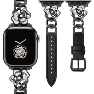 Minyee Compatible with Apple Watch Band 42/41/40/38/44/45/46/49mm Women, Dressy Slim Elegant Leather Metal Chain Strap with Bling Camellia Charms for iWatch Series 11 10 9 8 7 6 5 4 SE/Ultra 3 2 1 (Black/Black)
