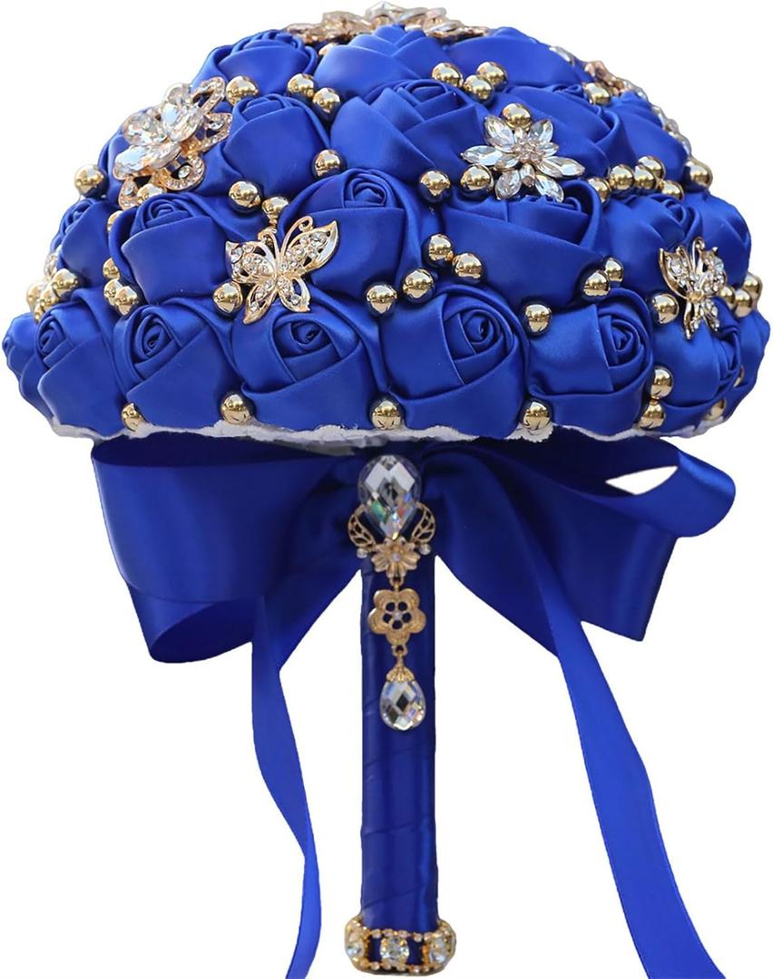 Bridesmaid 7 Inch Holding Wedding Bouquet Bride Satin Rose Crystal Rhinestone Brooch Bridal Bouquet for Indoor Outdoor Resort Church Wedding Bridal Shower Quinceanera (Royal Blue)