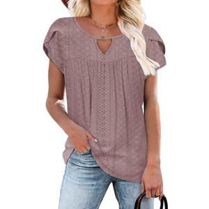 Women's Casual Dressy Short Petal Sleeve Shirts Pleated Fashion Front Key Hole Scoop Neck Floral Print Loose Fit Tops (Medium, 01-pink)