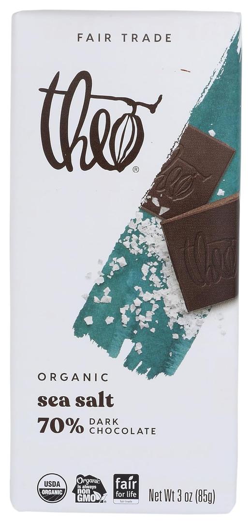 Theo Sea Salt Organic Dark Chocolate Bar, 70% Cacao, 1 Bar | Vegan, Fair Trade (EXP 04/08/26)