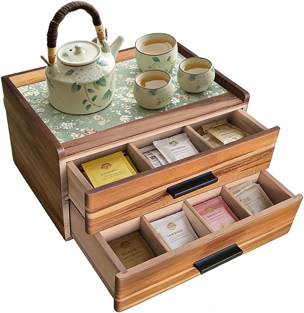 Double Drawer Acacia Wood Tea Bag Organizer, 21-Slot Tea Organizers and Storage, Tea Box Organizer Storage Box for Countertop Office Coffee Corner Bring Warmth and Order to Your Tea Corner