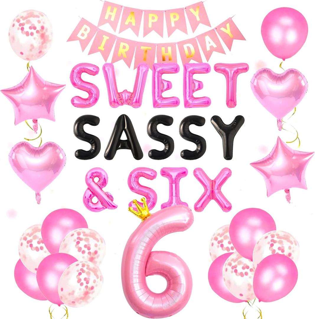 42 PCS Sweet Sassy & Six Birthday Decoration Sweet Six Birthday Balloons 6 Years Old Birthday Decoration Girls 6th Birthday Decoration