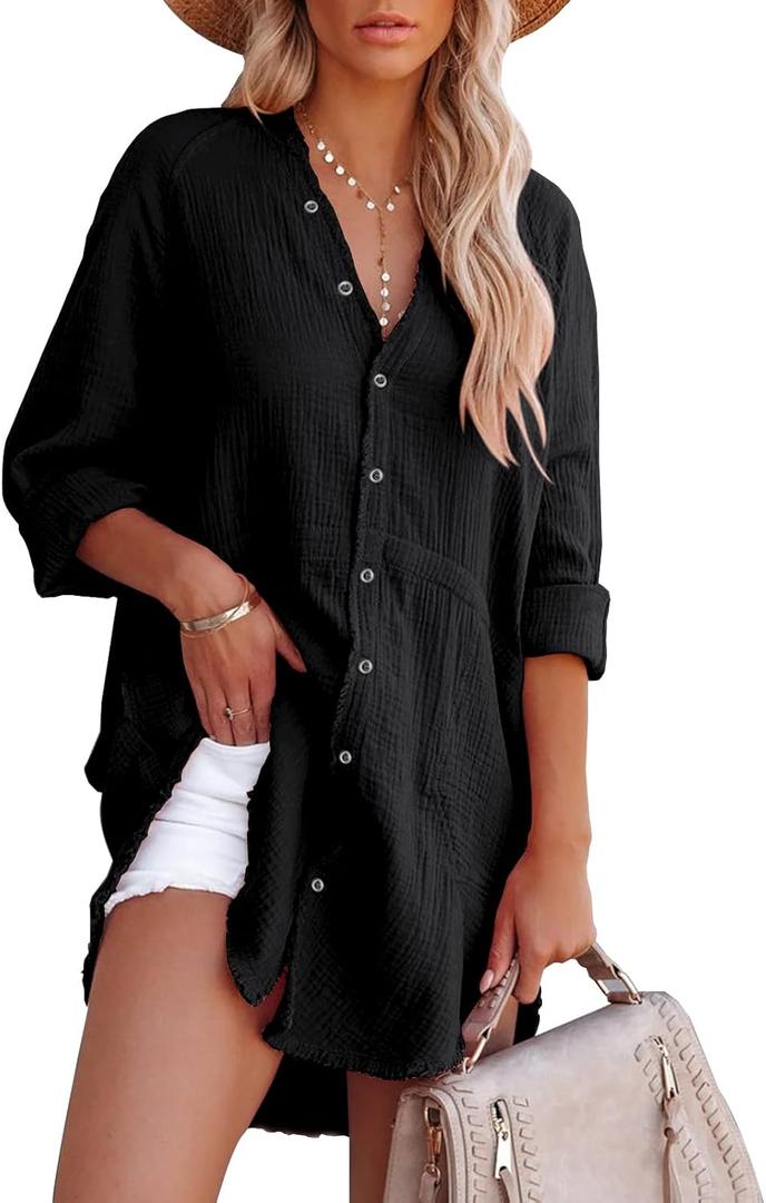 siliteelon Women's Button Down Tunic with Pockets Cotton Gauze Button Up Shirt Dress V Neck Long Sleeve Frayed Blouse Tops (Black) L