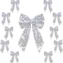 PartyDelight Bow Decor Silver 10Pcs Sequin Christmas Tree Bows 6x8Inch Ribbon Tie for Xmas Birthday Party Room Decorations Coquette Backdrop Wall Decors