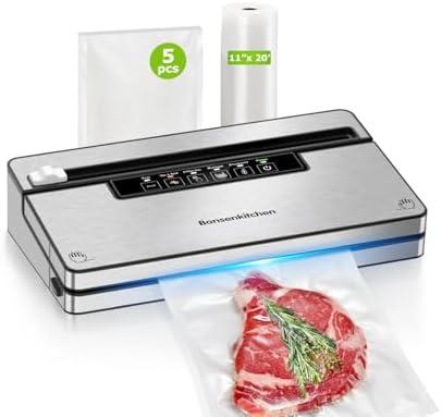 Bonsenkitchen Vacuum Sealer Machine, Stainless Steel Food Sealer Vacuum Sealers with 1 Roll & 5 Bags, 5 Food Vacuum Modes, Built-in Cutter & Bag Storage (Silver Black)