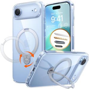 TORRAS Q3 Spin for iPhone Air Case, Patented 360 Magnetic Stand, Fit for MagSafe, Built-in Ring Holder Kickstand, Rugged Military-Grade Protective Case for iPhone 17 Air, Camera Control Button, Clear