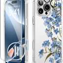 GVIEWIN for iPhone 16 Pro Case, with Screen Protector & Camera Lens Protector, Military-Grade Protection, Clear Shockproof Slim Floral Women Phone Case for iPhone 16 Pro, Aconite/Blue