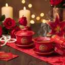 Chinese Red Tea Cup Set, A Pair Wedding & Party Ceremony Supplies, Ceramic Double Happiness Cups, Traditional Wedding Party Dcor, Kung Fu Tea Cup and Saucer with Lid, Fengshui
