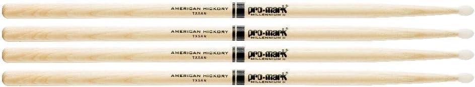 2 PACK Pro-Mark Hickory Drum Sticks, 5A Oval Nylon Tips, Medium, Made in USA, TX5AN-2