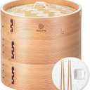 Cedar Steamer Basket 10 Inch | Extra-Deep 2 Tier Bamboo Steamer for Cooking | 50 Liners, 2 Chopsticks, Sauce Dish | Steaming Asian Food, Bao Buns, Dim Sum, Dumpling, Rice, Vegetable Steam Pot