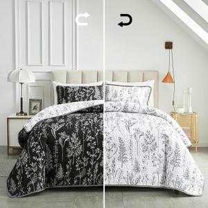 Joyreap 3 Pieces Quilt Set King, Black n White Rversible Botanical Design, Smooth Soft Microfiber Quilt, Bedspread Bed Cover for All Season, 1 Quilt and 2 Pillow Shams- 102x90 inches