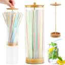 Straws Holder Dispenser with Bamboo Lid, 10 Inch Acrylic Drinking Straw Dispenser Includes 100 Colorful Straws Transparent Straw Storage Container for Kitchen,Pencils and Cutlery
