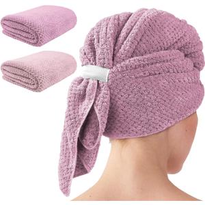 2 Pack Extra Large Microfiber Hair Towel, 37.4" x 26.4" Towel Wrap for Women, Super Absorbent & Quick Drying Hair Towel with Elastic Strap for Curly Long Hair (Pink)