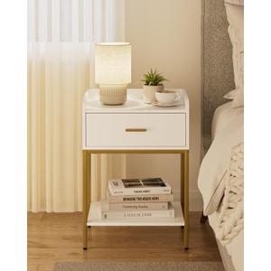 Masupu Nightstand,3-Tier Modern Bedside Night Stand with Storage Drawer and Shelf,Small End Side Table for Bedroom,Living Room,White (Without Outlet, White)