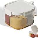 4-Compartment Clear Seasoning Box with Lids and Spoons, Airtight Condiment Organizer, Kitchen Spice Container Set for Salt, Sugar, Pepper (White)