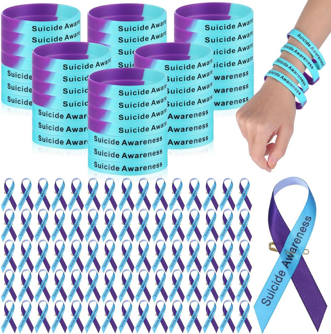 Crowye 300 Pcs Suicide Awareness Accessories Bulk Suicide Prevention Silicone Wristband Awareness Ribbons Pins Inspirational Wristband Unisex Size for Women Men Teen Group Event