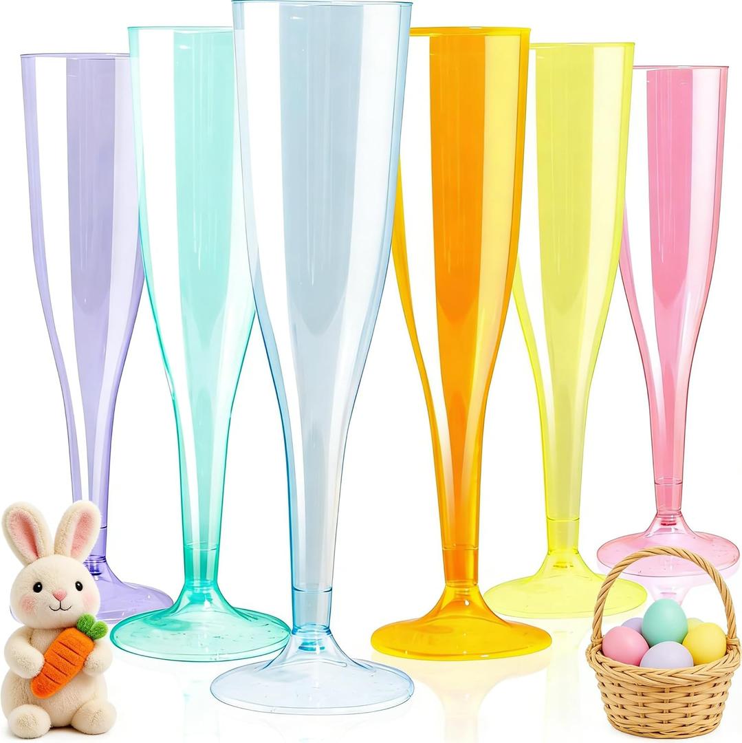 WDF 36 Pack Colorful Plastic Champagne Flutes - 7OZ Colorful Champagne Flutes Plastic Party Supplies, Pink, Yellow, Green, Blue, Purple, Orange Champagne Glasses 6 Pieces Each for Party/Wedding/Easter