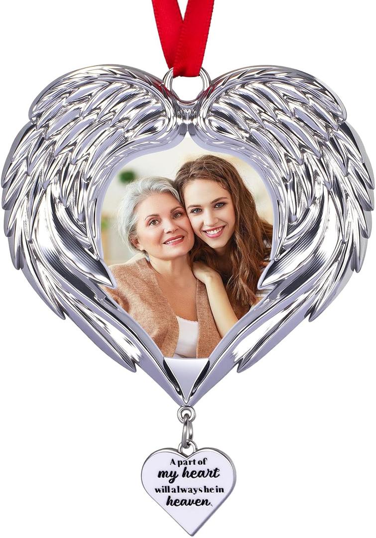 Memorial Christmas Angel Wings Photo Ornaments 2025 Sympathy Gifts for Loss of Loved One - Personalized Angel Wings Picture Frame Ornament for Christmas in Heaven Tree Decor