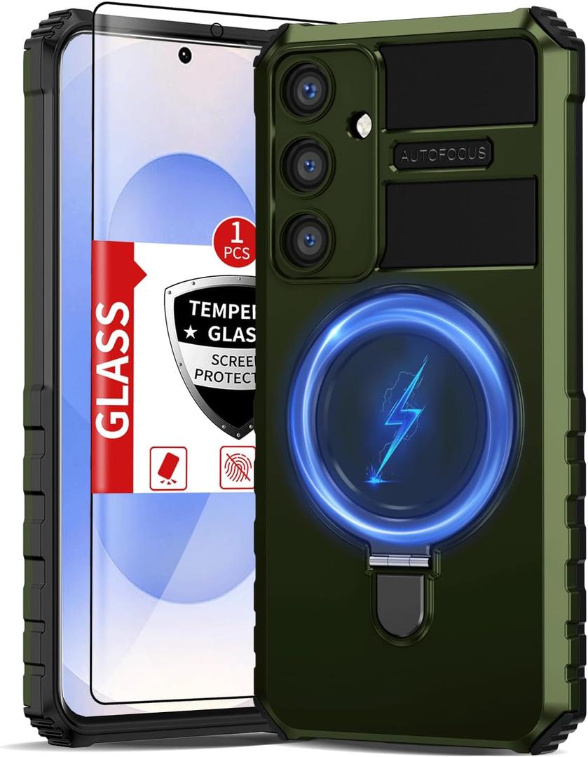 for Samsung Galaxy S25 Plus Case Magnetic Compatible with Wireless Charging,Phone Case with Screen Protector,Built-in Kickstand Ring Military Grade Drop Shockproof Heavy Duty Protection Green