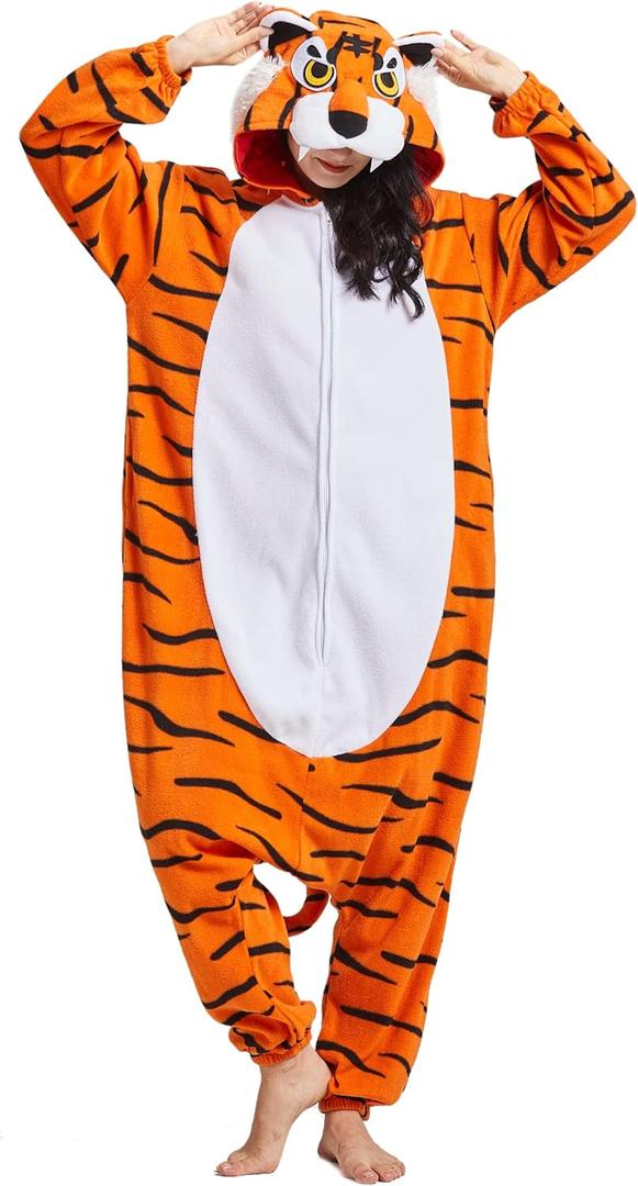 DELEY Unisex Tiger Costume Adult Onesie, One Piece Pajamas, Halloween Cosplay Costumes Homewear Jumpsuit (Medium)