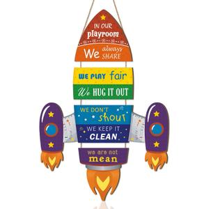 Rocket Shape Wooden Sign,Welcome to Our Playroom Door Hanger,Playroom Rules Wall Hanging,Classroom Door Decor,Colorful Motivational Quote Sign for Kids Child School Classroom Bedroom Porch